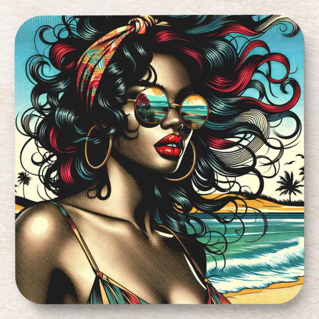 Retro Woman on Beach Comic Style Pop Art Beverage Coaster (Front)