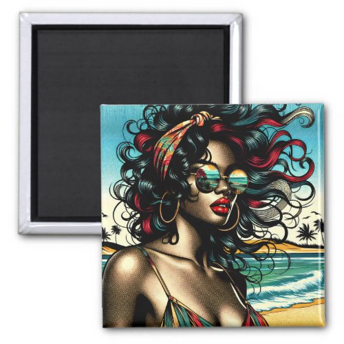 Retro Woman on Beach Comic Style Pop Art Magnet