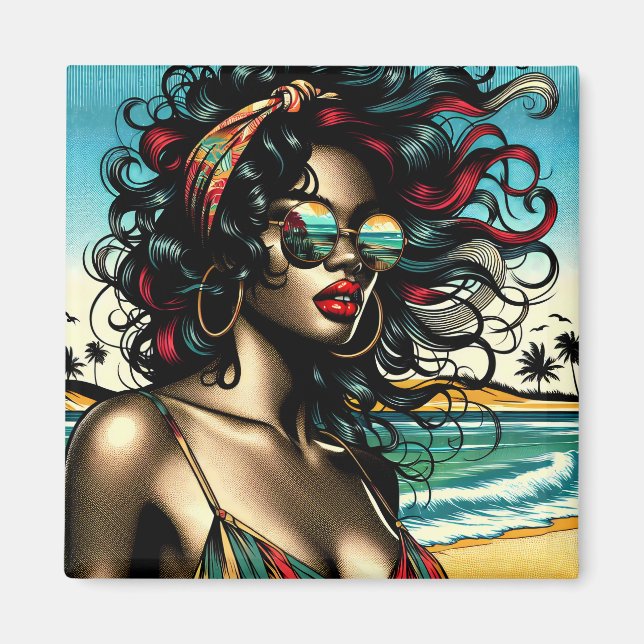 Retro Woman on Beach Comic Style Pop Art Magnet (Front)