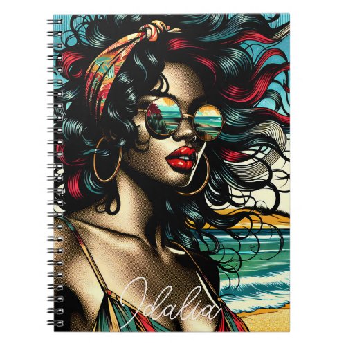 Retro Woman on Beach Comic Style Pop Art Notebook