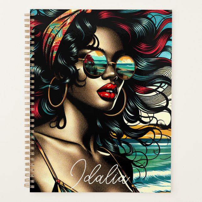 Retro Woman on Beach Comic Style Pop Art Planner (Front)