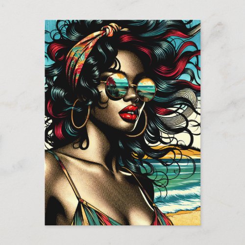 Retro Woman on Beach Comic Style Pop Art Postcard