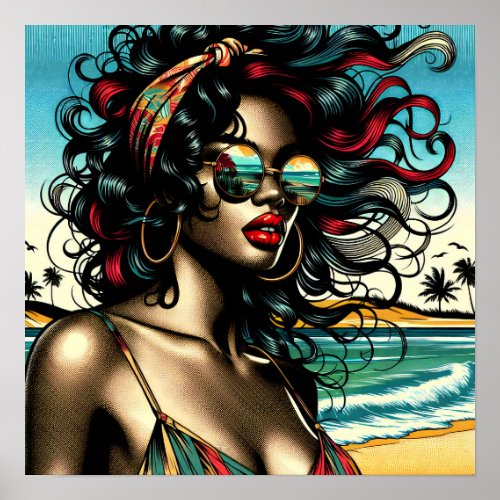 Retro Woman on Beach Comic Style Pop Art Poster