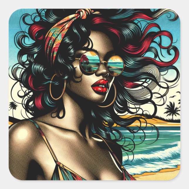 Retro Woman on Beach Comic Style Pop Art Square Sticker (Front)