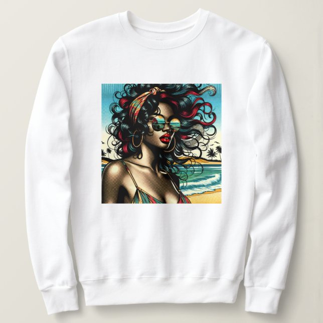 Retro Woman on Beach Comic Style Pop Art Sweatshirt (Design Front)