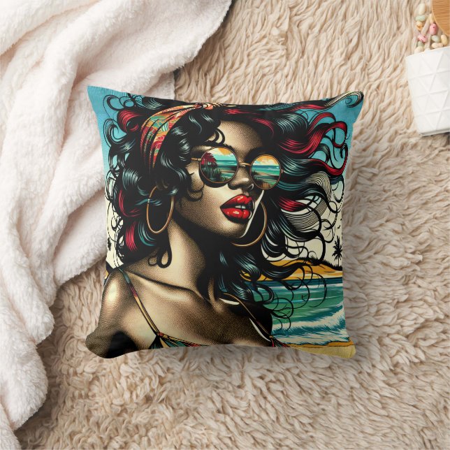 Retro Woman on Beach Comic Style Pop Art Throw Pillow (Blanket)