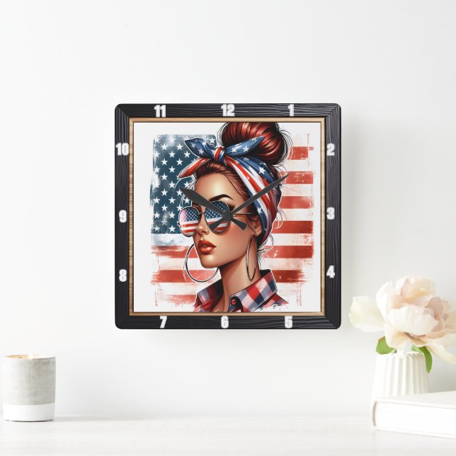 Retro Woman Patriotic American Flag  Square Wall Clock (Home)