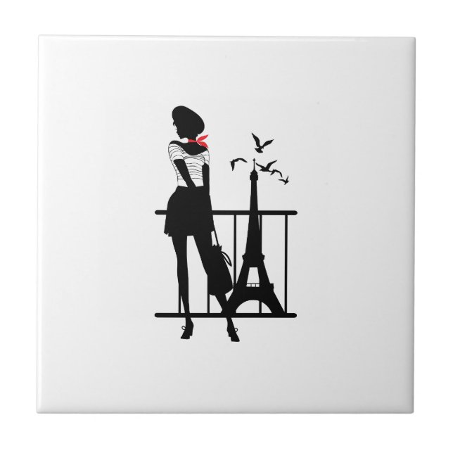 Retro woman red and black silhouette with Eiffel T Ceramic Tile (Front)