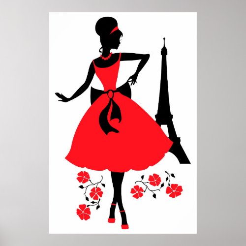 Retro woman red black silhouette with Eiffel Tower Poster