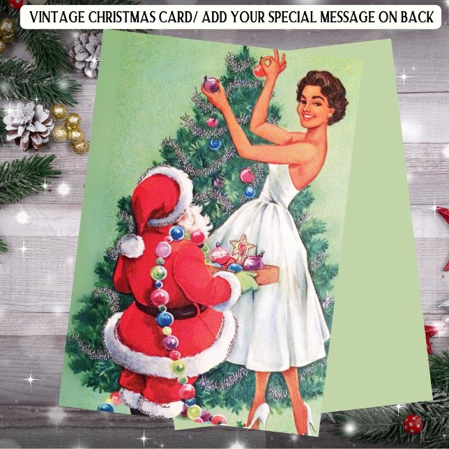 Retro Woman Santa Christmas Tree  Holiday Card (Creator Uploaded)