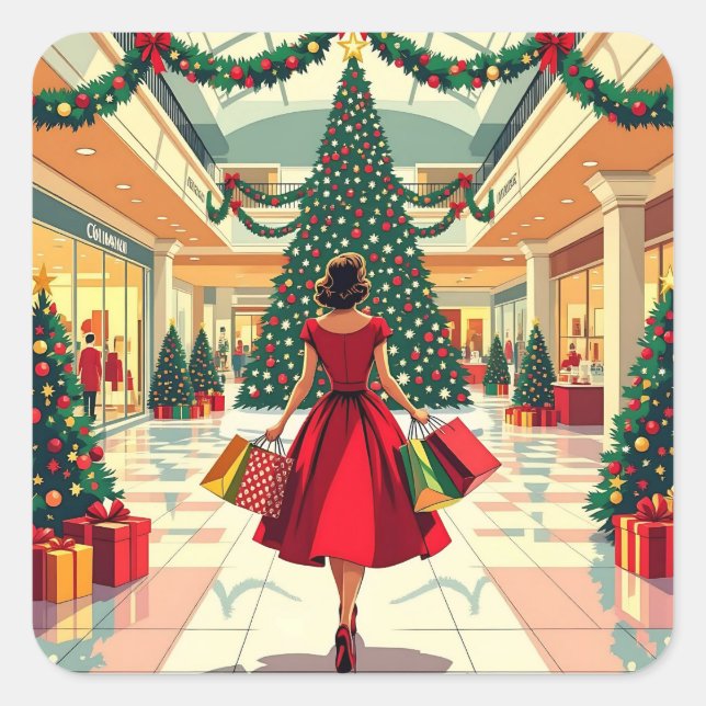 Retro Woman Shopping Mid Century Christmas Square Sticker (Front)