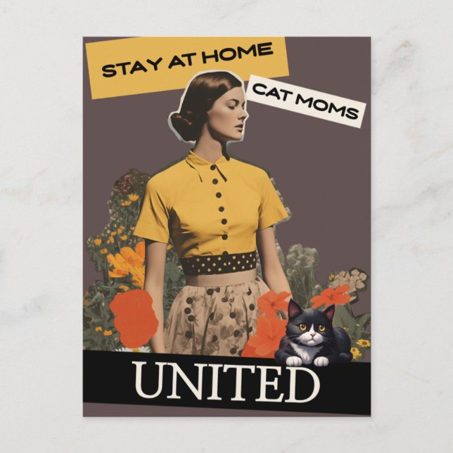 RETRO WOMAN STAY AT HOME CAT MOM UNITED POSTCARD (Front)