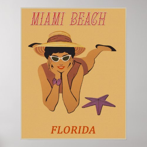 Retro Woman Tanning On Miami Beach Poster