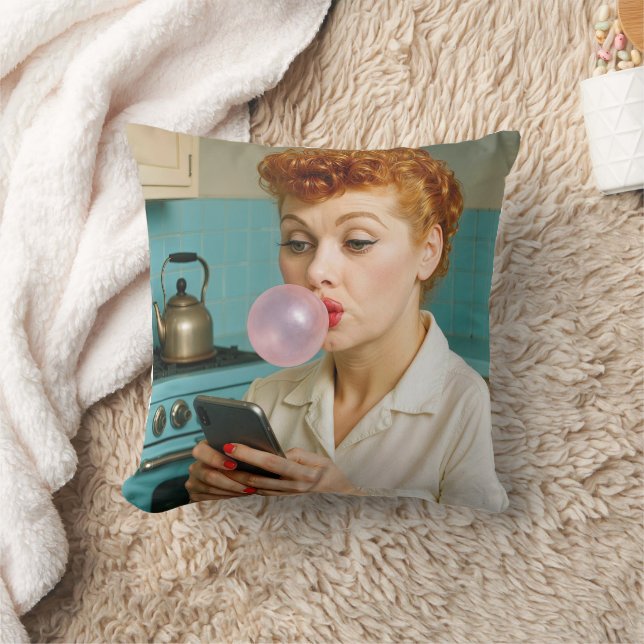Retro Woman Texting On a Cell Phone Throw Pillow (Blanket)