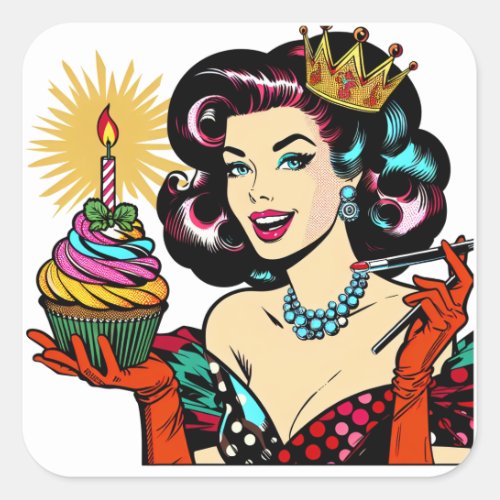 Retro Woman with Birthday Cupcake Square Sticker