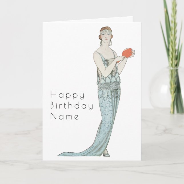 Retro Woman with Fan Art Deco Birthday Card (Front)