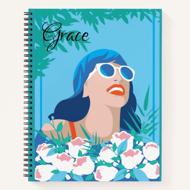 Retro Woman with Flowers and Sunshine Notebook (Front)