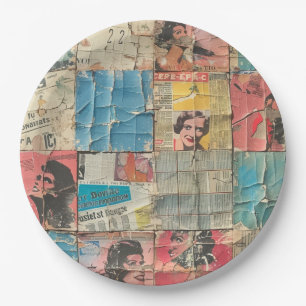 Retro Women Newspaper Vintage Mosaic Pattern Paper Plates