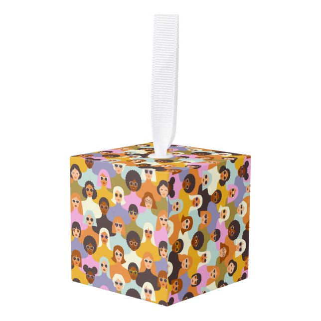 Retro Women of the World Pattern Cube Ornament (Front Angled)