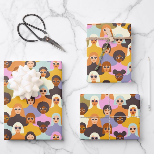 Retro Women of the World Pattern Wrapping Paper Sheets (Front)