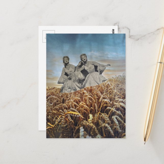 Retro Women Singing in a Wheat Field Collage Postcard (Front/Back In Situ)