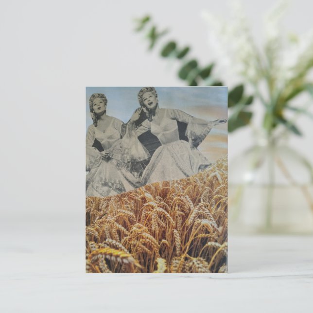 Retro Women Singing in Wheat Field Surreal Collage Postcard (Standing Front)