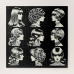 Retro Women's Hairstyles Boho Vintage Cool Jigsaw Puzzle<br><div class="desc">This puzzle features nine lovely women sporting retro hairstyles in white against black. It's a fun and cool design to puzzle over! Give as a gift to a hair dresser or someone who likes vintage,  retro looks.</div>