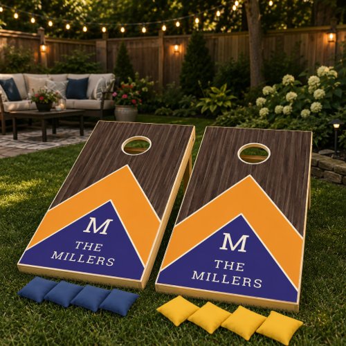 Retro Wood Family Monogram Blue and Gold Cornhole Set