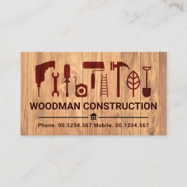 Retro Wood Grain Handyman Tools Business Card (Front)