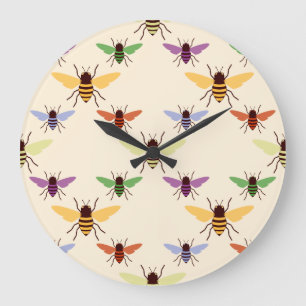 Retro woodland rainbow bees bumblebees pattern large clock