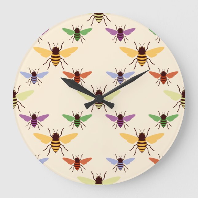 Retro woodland rainbow bees bumblebees pattern large clock (Front)