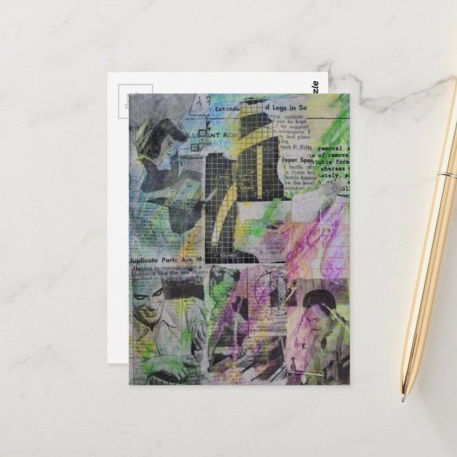 Retro Woodworking Abstract mixed media collage  Postcard (Front/Back In Situ)