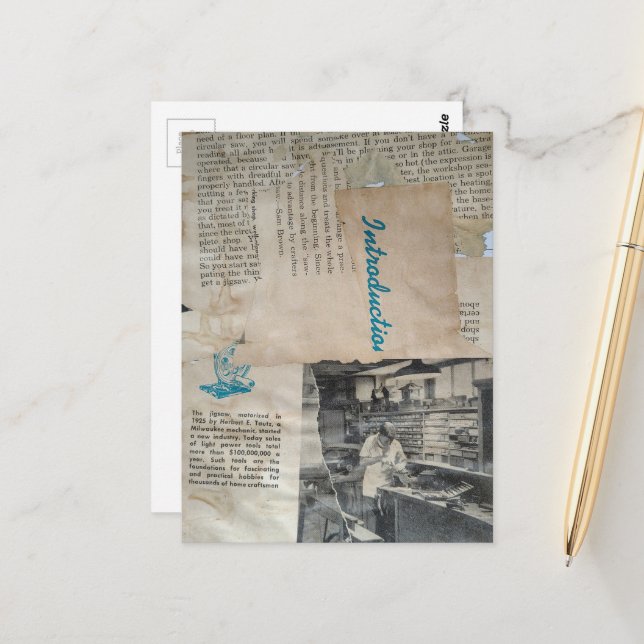 Retro Woodworking Intro Mixed Media Collage  Postcard (Front/Back In Situ)