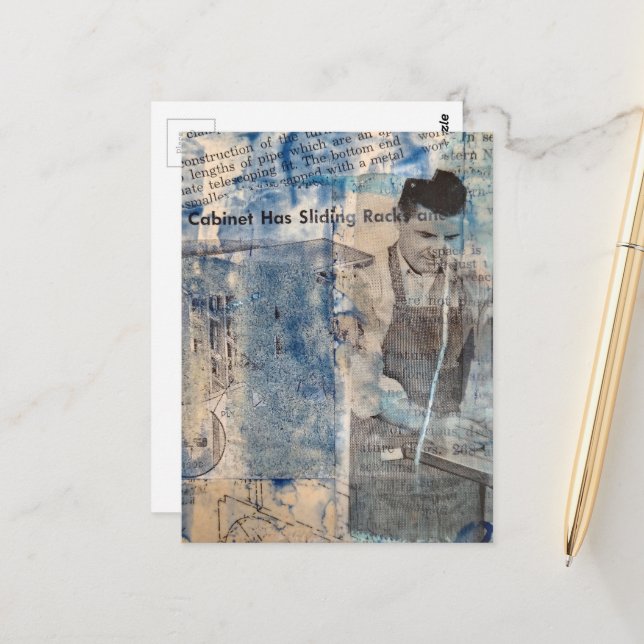 Retro Woodworking Man mixed media collage  Postcard (Front/Back In Situ)