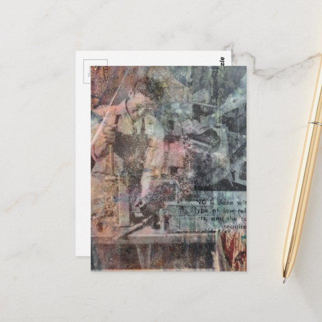 Retro Woodworking Man Mixed Media  Collage Postcard (Front/Back In Situ)