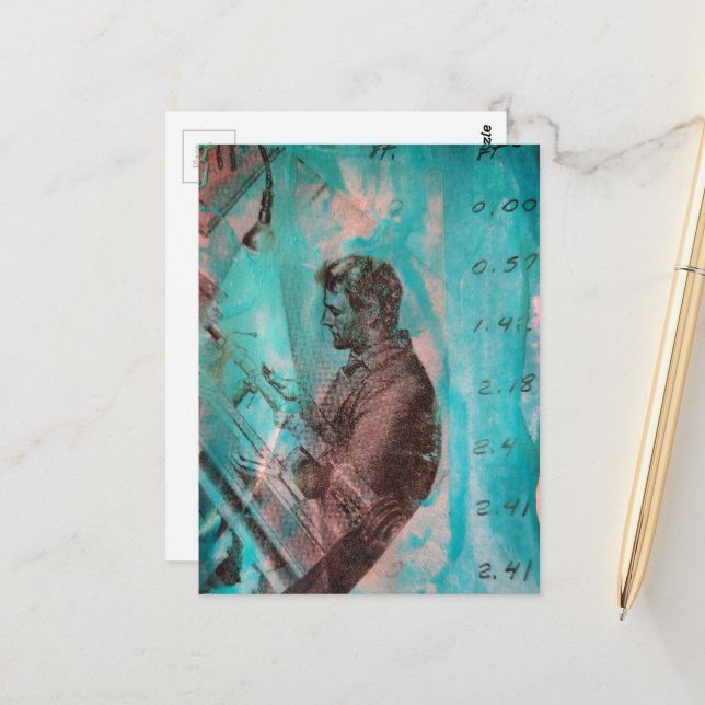 Retro Woodworking Man on a Blue Background Postcard (Front/Back In Situ)