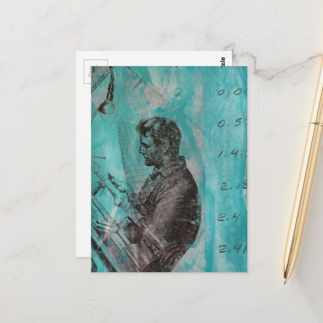 Retro Woodworking Man on a Blue Background Postcard (Front/Back In Situ)