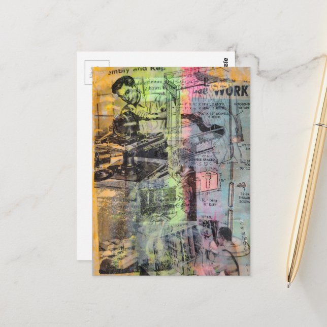 Retro Woodworking Men Mixed Media Collage  Postcard (Front/Back In Situ)
