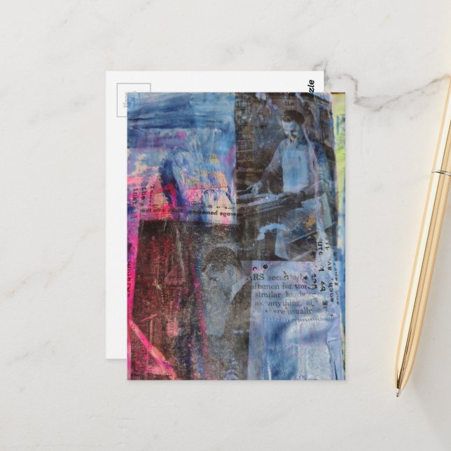 Retro Woodworking Men on a Blue Pink Background Postcard (Front/Back In Situ)