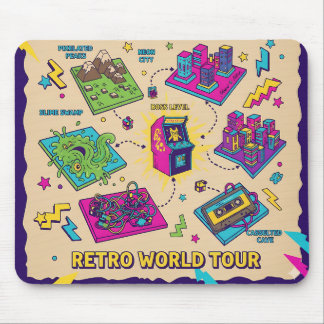 Retro World Tour Arcade Map – Pixel Gaming Art Mouse Pad