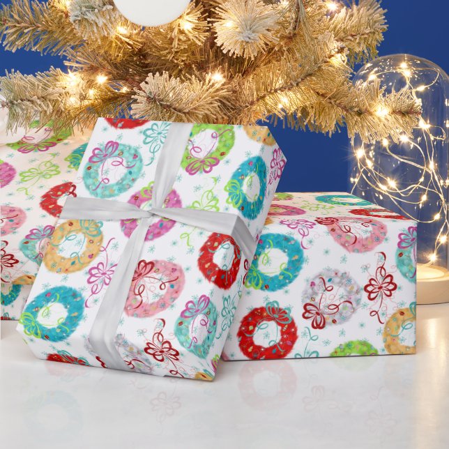 Retro Wreaths - Teal Starsburst - Christmas Wrapping Paper (Holidays)
