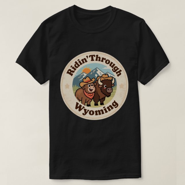 Retro Wyoming Badge_ Bison with Mountain Range  T-Shirt (Design Front)