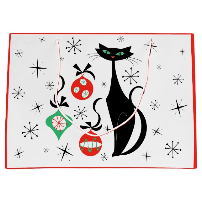 Retro Xmas Cat red  Large Gift Bag (Front)