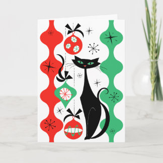 Retro Xmas Cat Stripe Merry Christmas Holiday Card