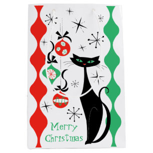 Retro Xmas Cat Stripe Merry Christmas Medium Gift Bag