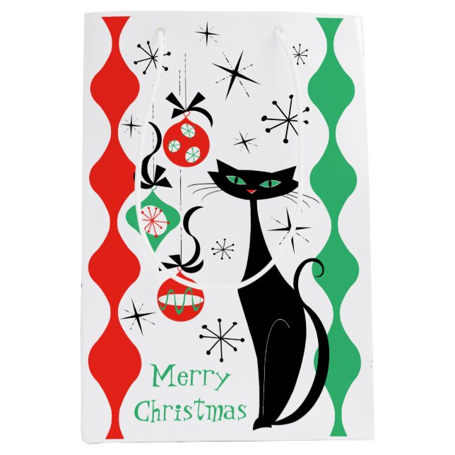Retro Xmas Cat Stripe Merry Christmas Medium Gift Bag (Front)