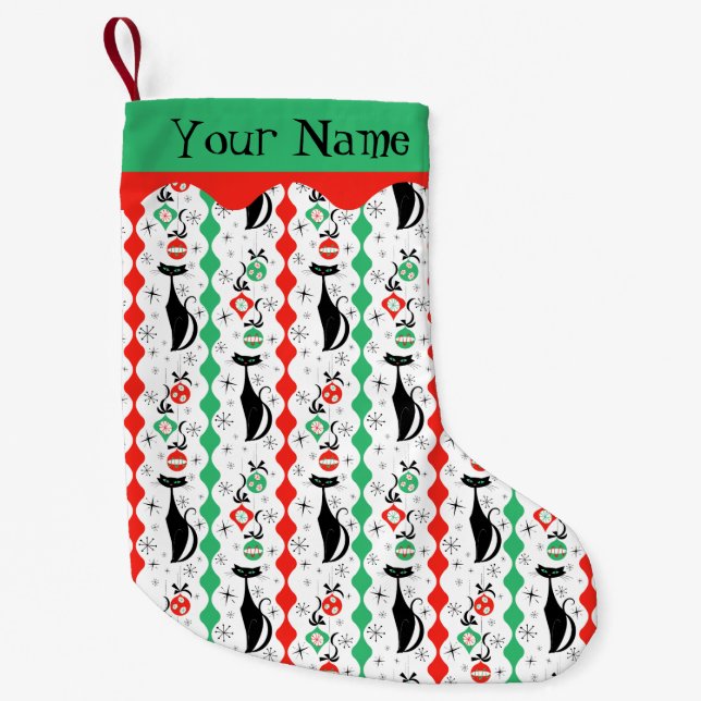Retro Xmas Cat Stripe Multi Name 2-sided Small Christmas Stocking (Front)