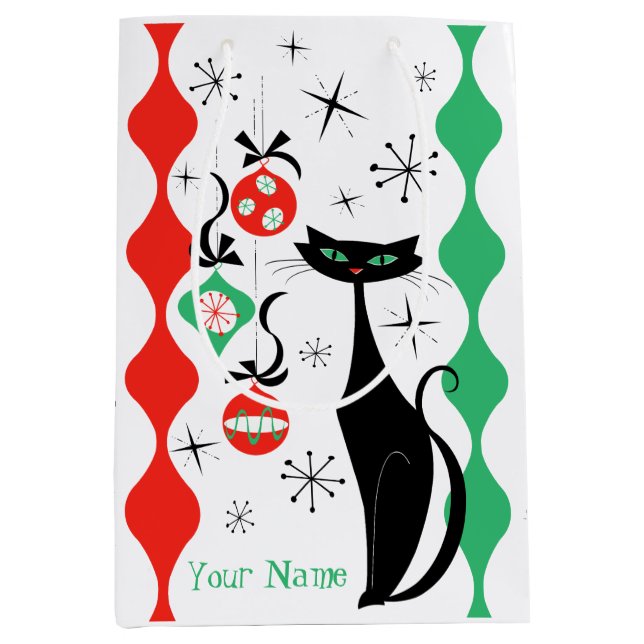 Retro Xmas Cat Stripe Name Medium Gift Bag (Front)