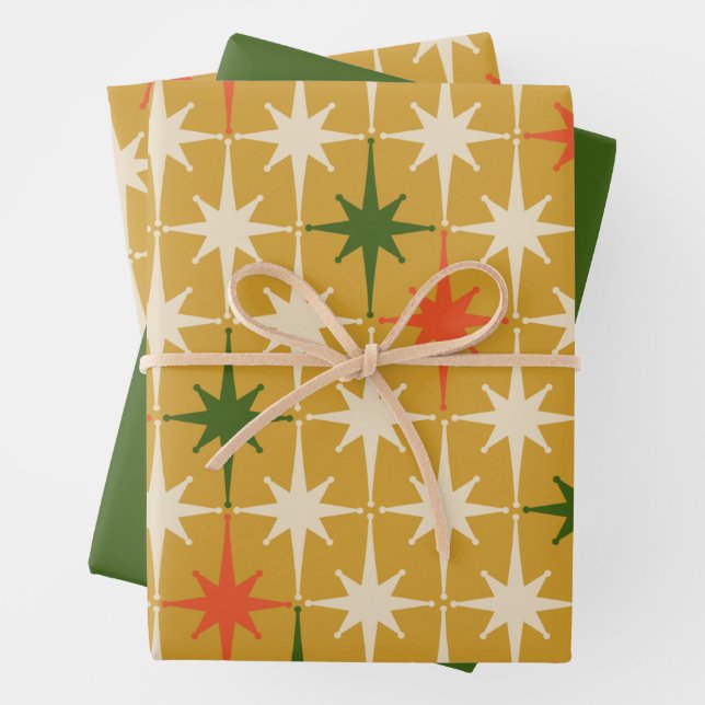 Retro Xmas Midcentury Modern Stars Ochre Olive Wrapping Paper Sheets (In situ)