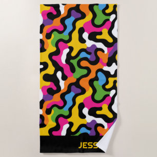 Retro y2k Aesthetic Colorful Swirls Abstract Name Beach Towel